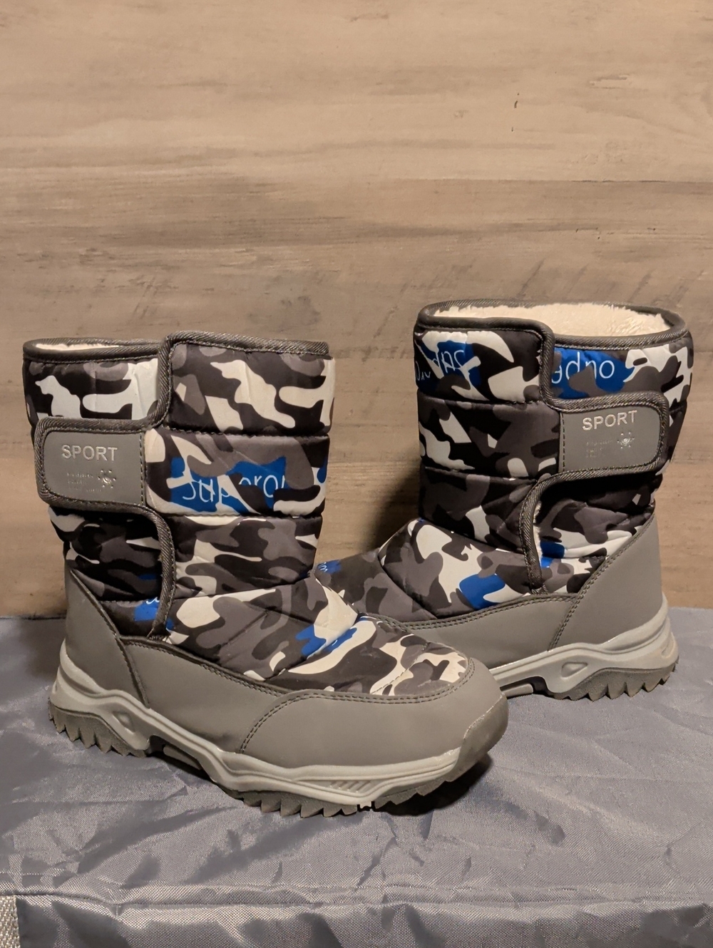 Sport Kids Grey, Black & Blue Camo Winter Boots